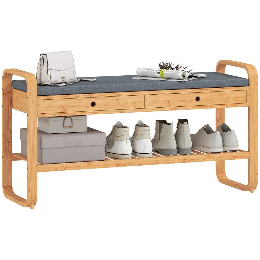 HOMCOM Shoe Bench with 2 Drawers Cushioned Seat 105 cm in Natural 2