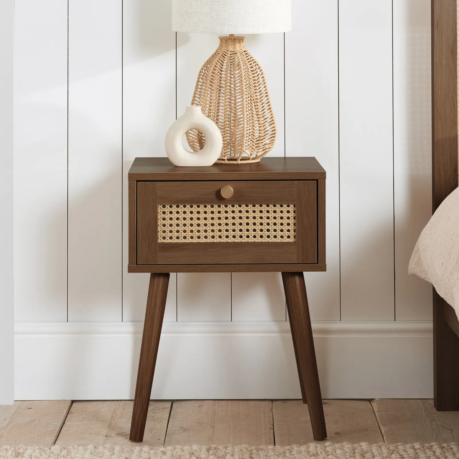 Croxley - 1 Drawer Bedside Table - Walnut - Rattan - Wooden - Happy Beds 1