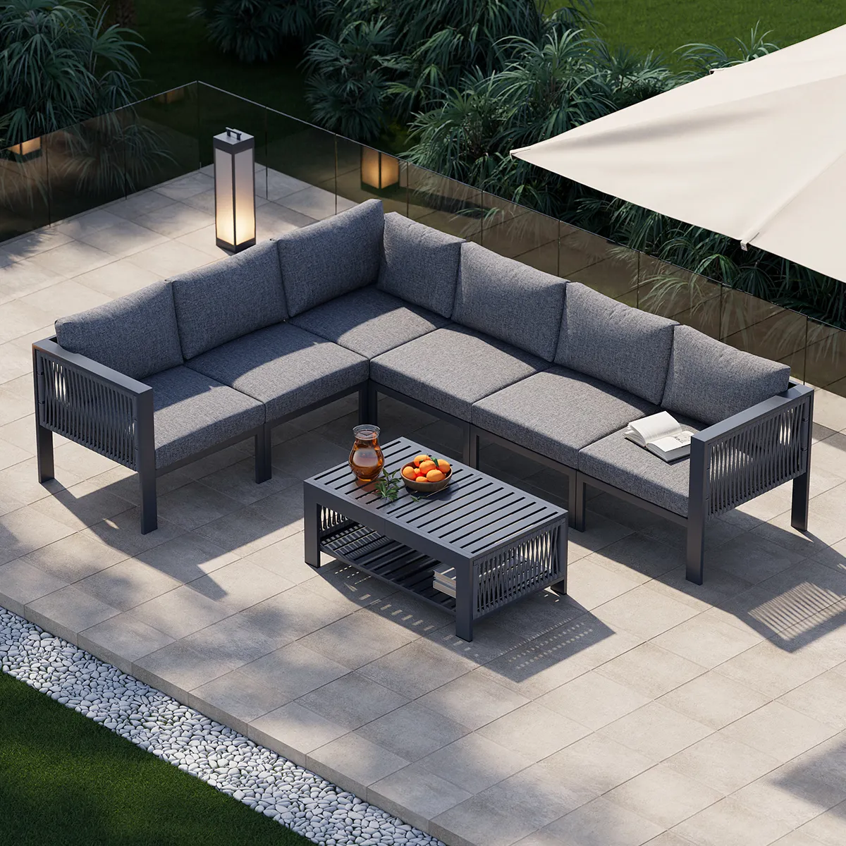 7 Pieces Modern L-shaped Patio Garden Sectional Sofa Set with Coffee Table in Grey for 6