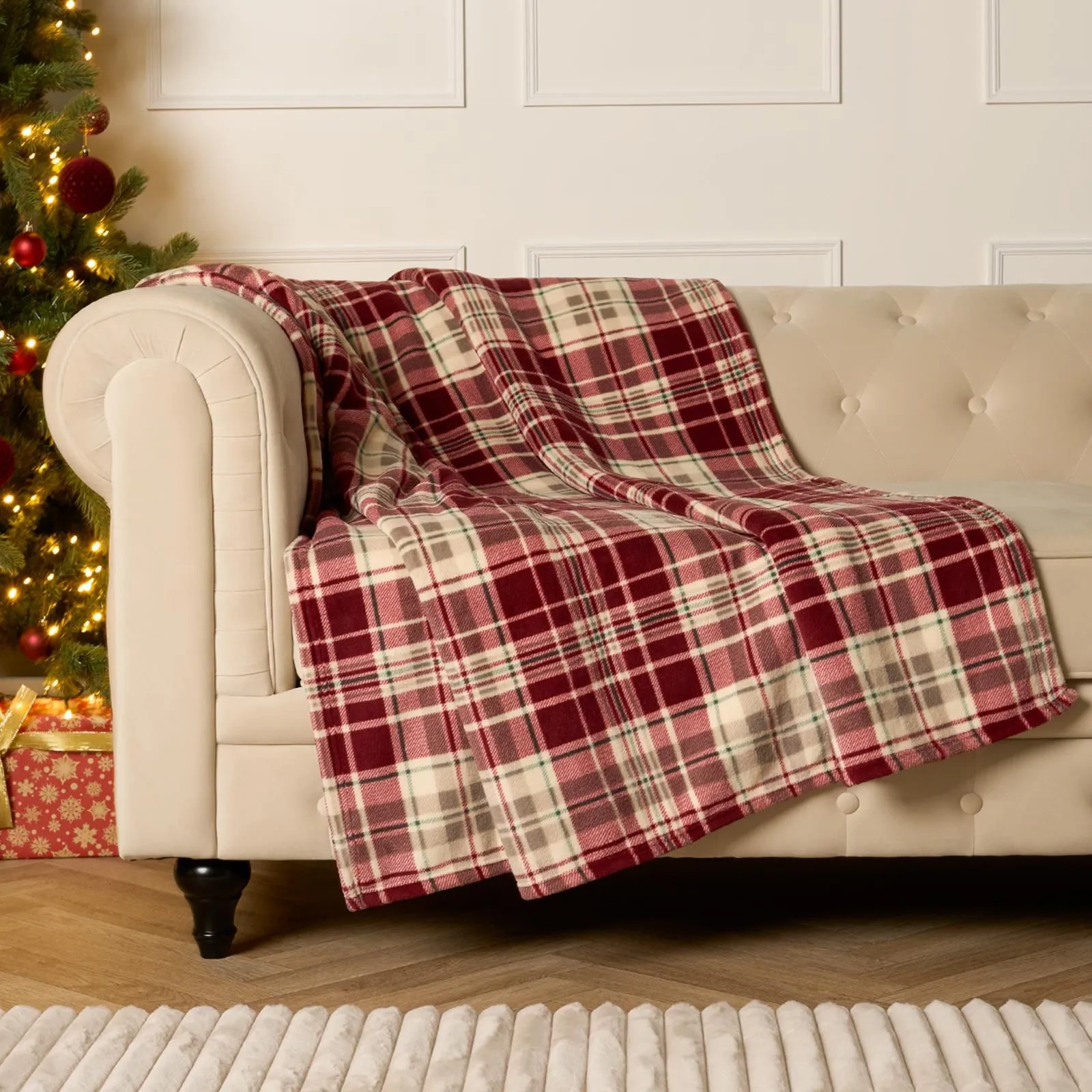 OHS Tartan Check Throw Over Bed Blanket Sherpa Fleece Warm Soft Plush Cosy Sofa Xmas in Red