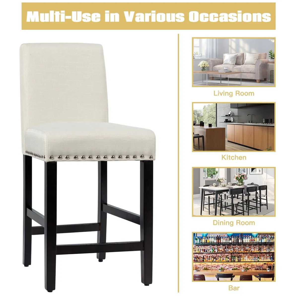Costway Set of 2 Bar Stools Counter Height Chair Upholstered W/ Low Backrest & Wide Seat in Beige 3