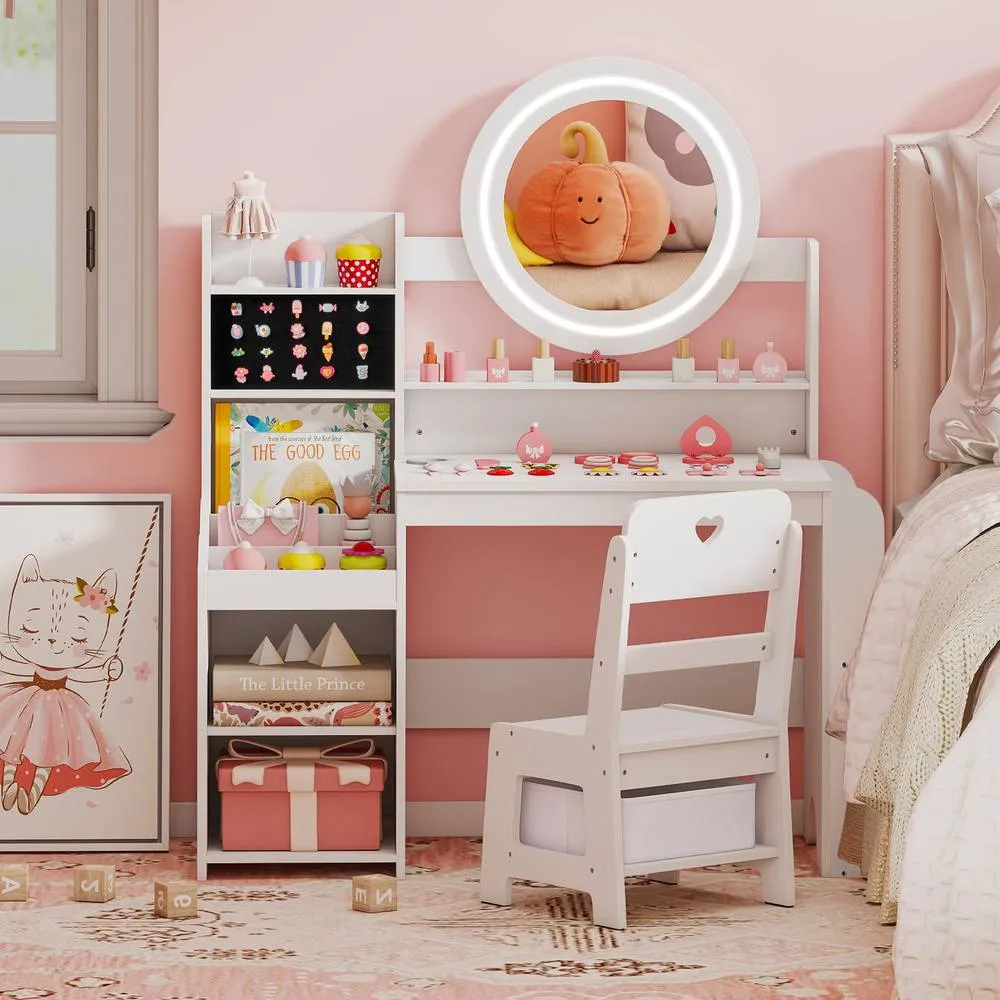 Costway Princess Pretend Play Dressing Table & Chair Set with Open Storage in White 4