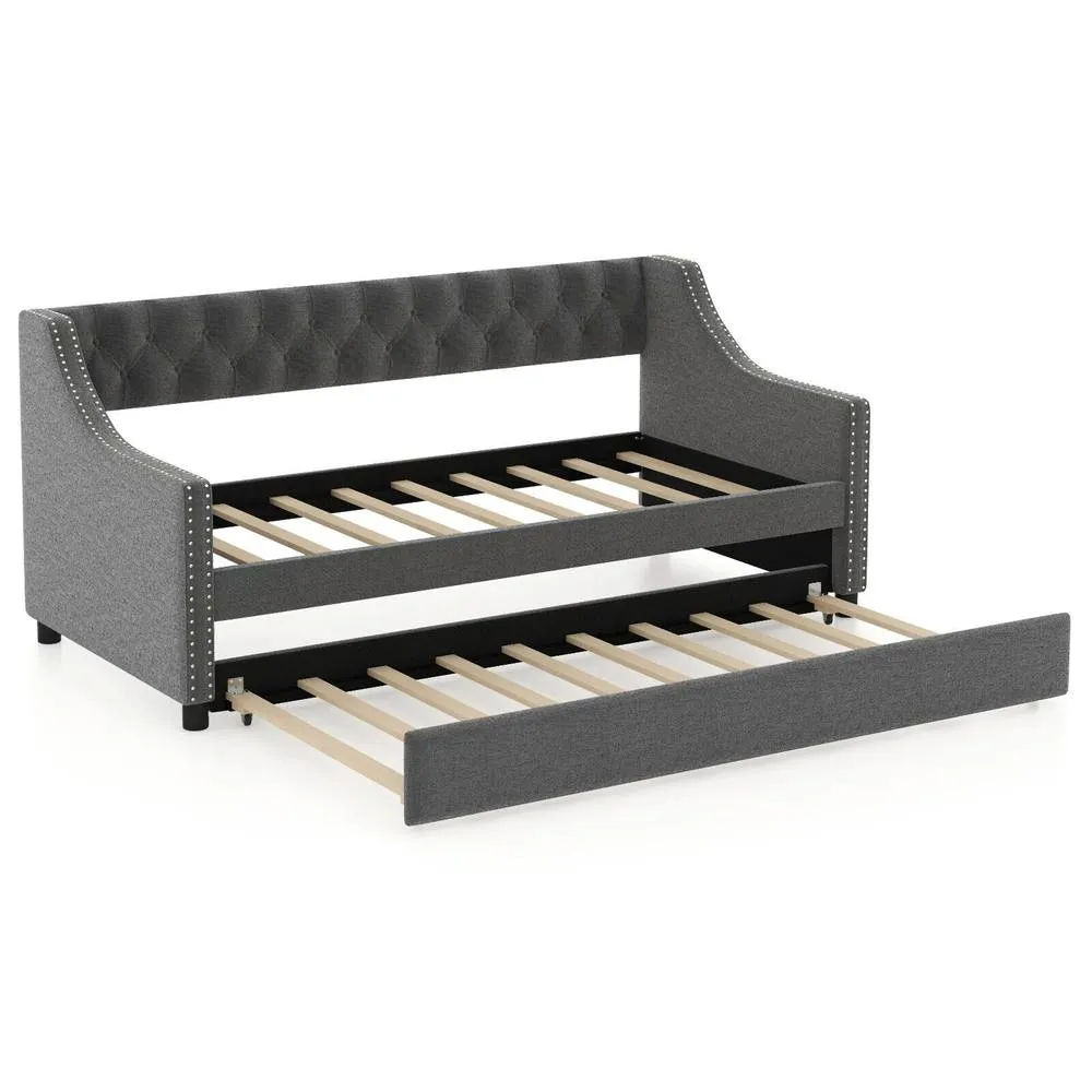 Costway Linen Upholstered Daybed Single Size Trundle Bed Sofa Bed Frame in Grey
