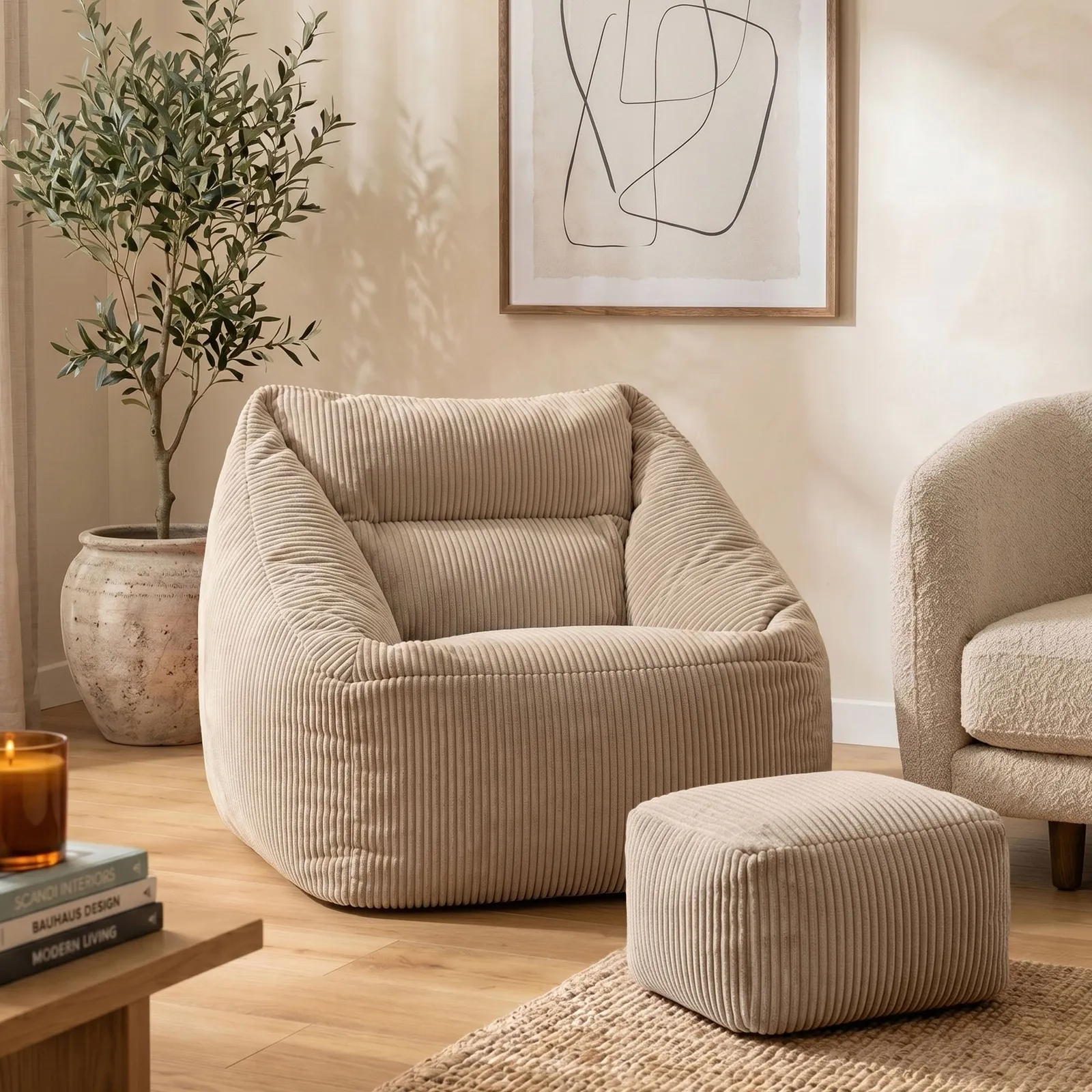 icon Bean Bag Armchair & Footstool Jumbo Cord Bundle in Natural