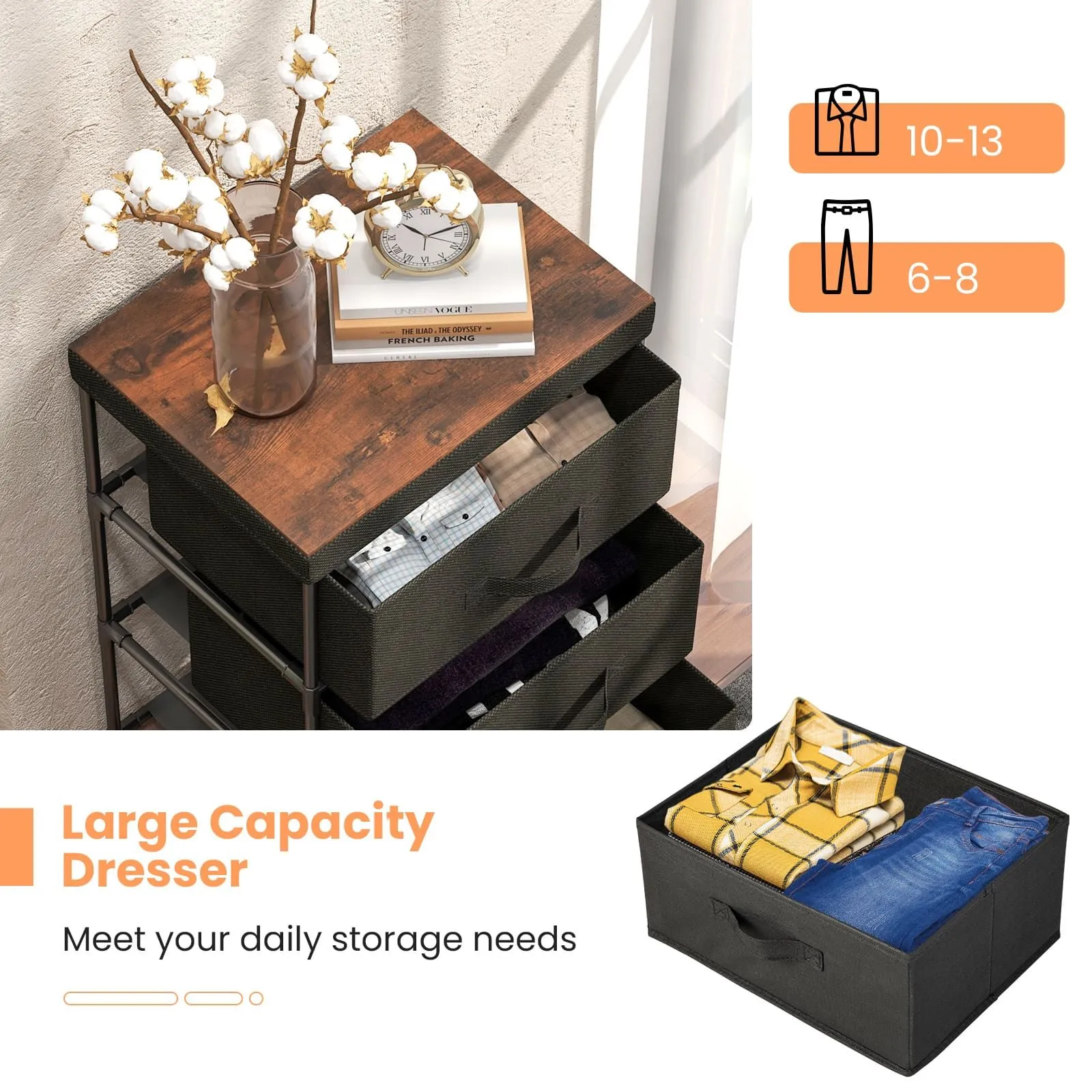 Costway 3-Tier Fabric Dresser Fabric Nightstand Home Organizer Unit w/3 Drawers in Black 6