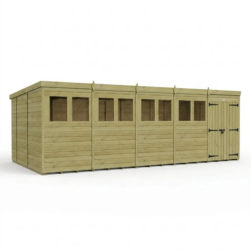 Buttercup Farm 20ft x 10ft Pent Garden Shed Double Door With Windows - Timber in Brown
