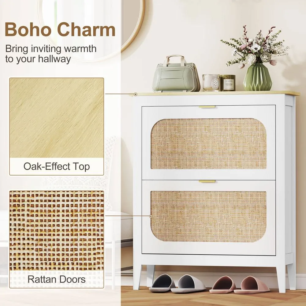 HOMCOM Boho Slim Shoe Cabinet with Rattan Doors, Holds 14 Pairs, White 4