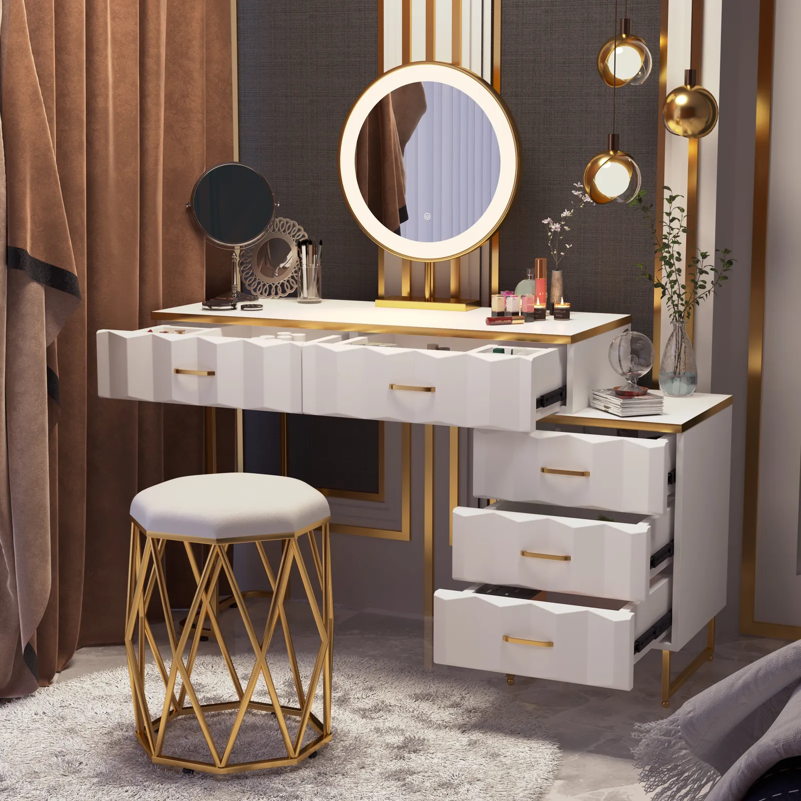 Extendable Modern White Dressing Table 5 Drawers Dressing Table Set with Stool and Mirror