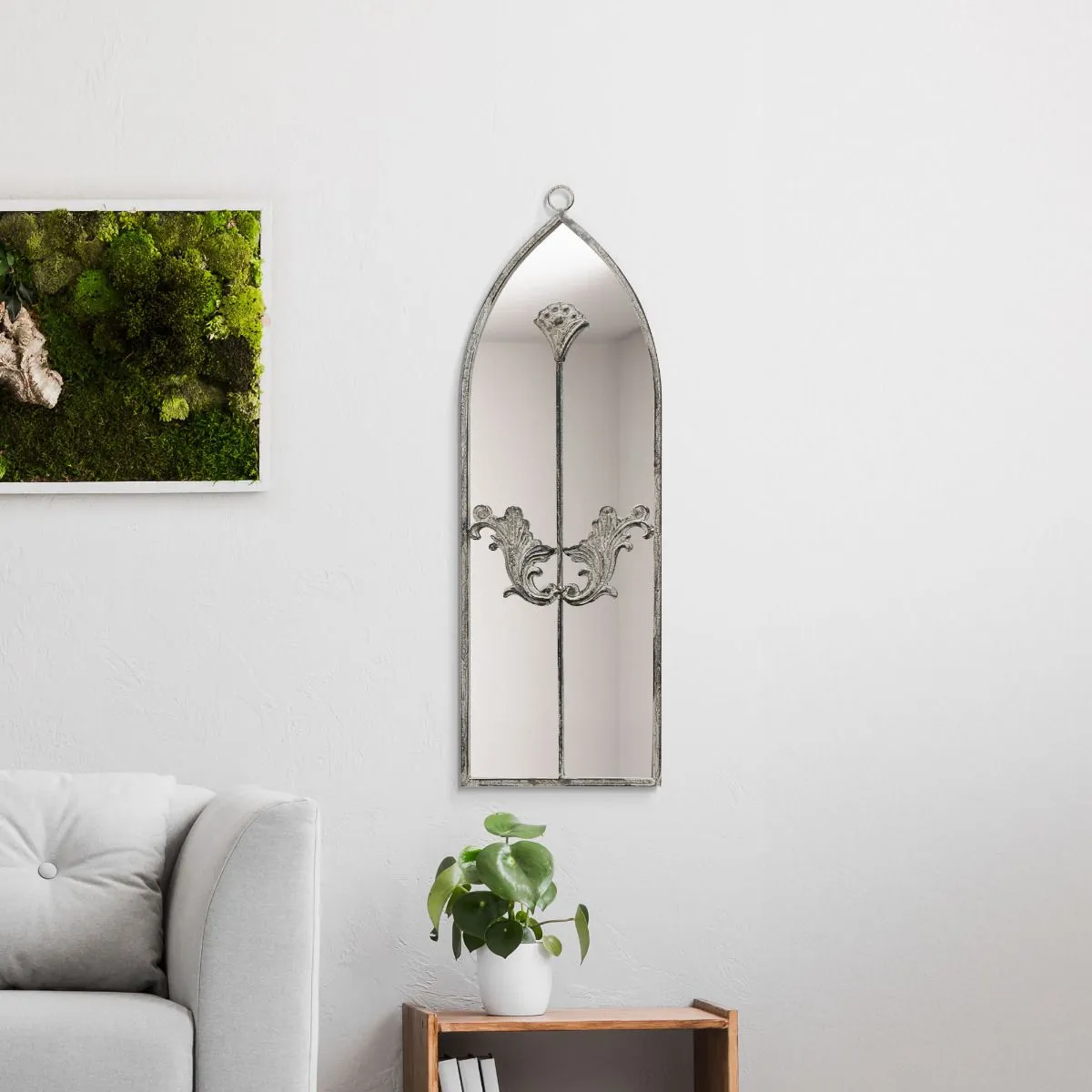 MirrorOutlet Concrete Colour Metal Framed Arched Wall Mirror 24"x 8" (60 X 20CM) in Grey 6