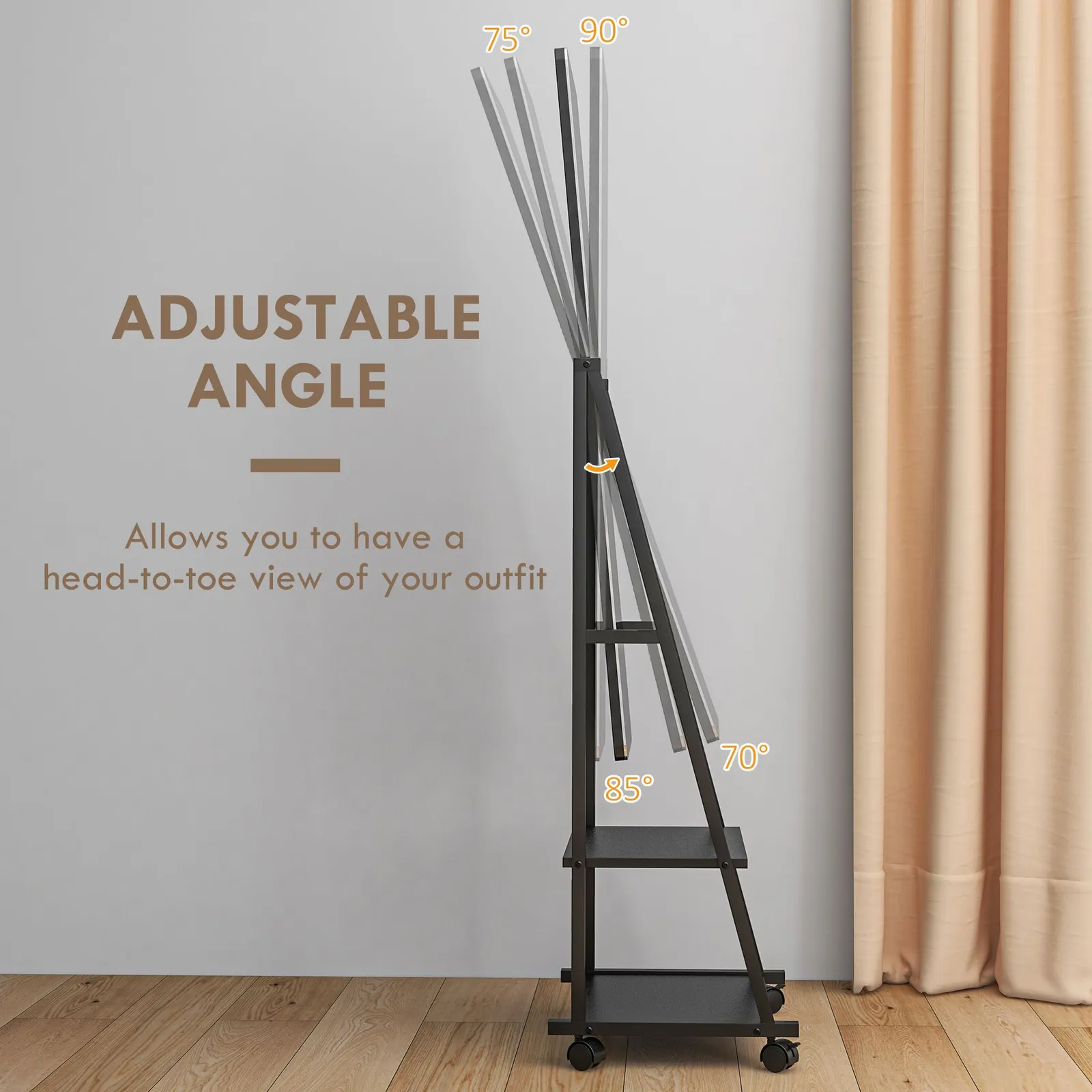 HOMCOM Movable Full Length Mirror Adjustable Full Body Mirror with 2 Shelves in Black 4