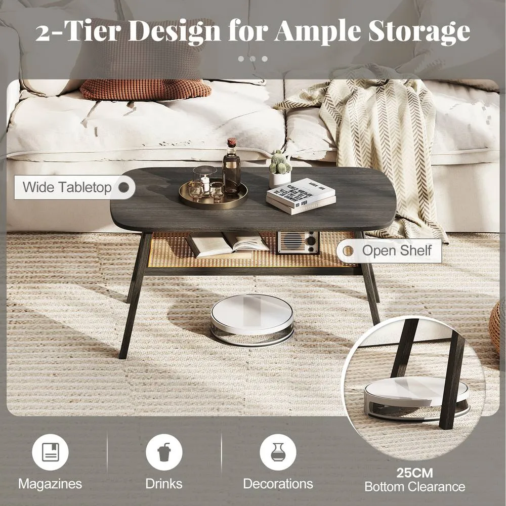 Costway 2-Tier Coffee Table Rectangular Center Table w/Storage Shelf-Black in Dark Grey 5