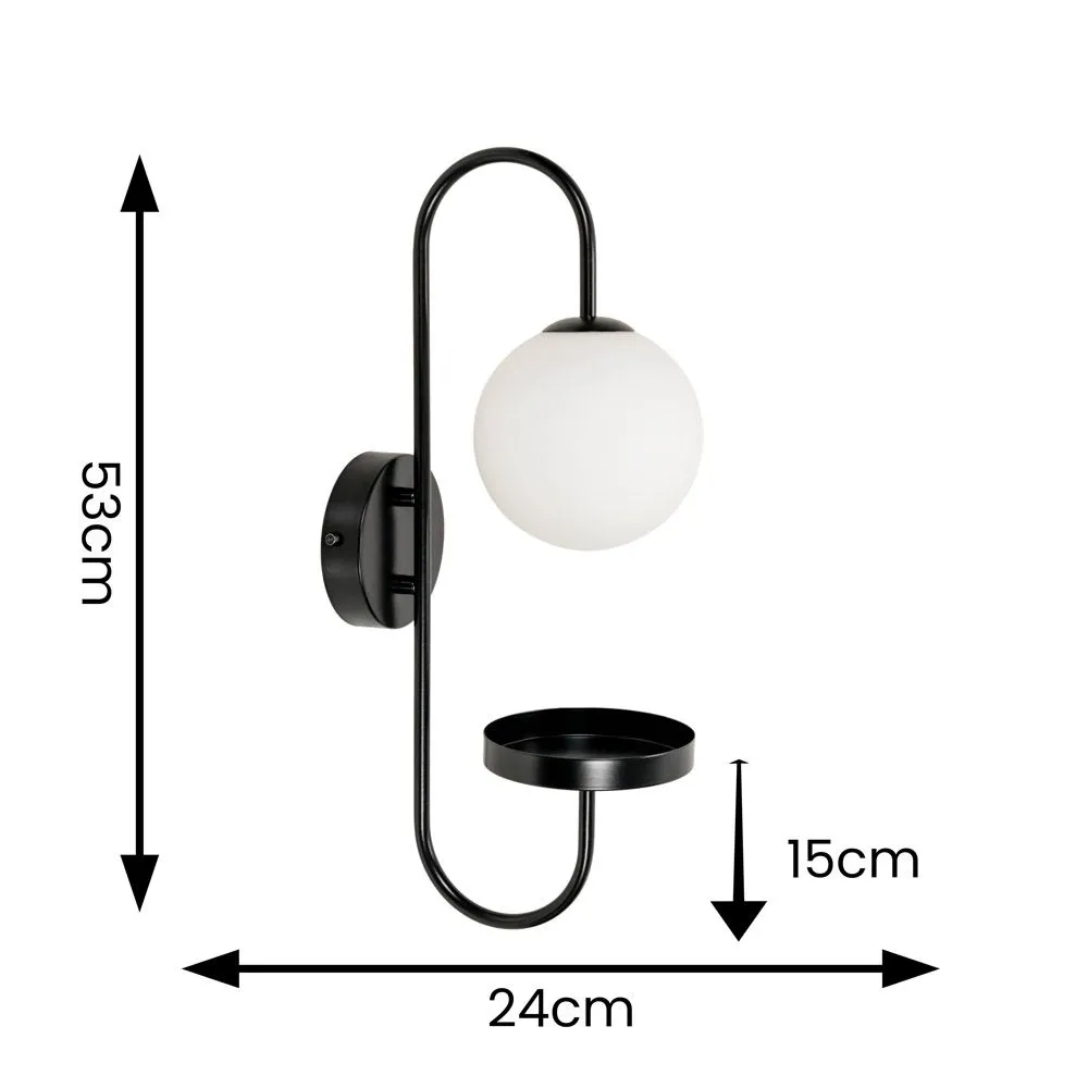 ValueLights Milo Frosted Glass Globe Shade Curved Wall Light with Shelf & LED Bulb in Black 4