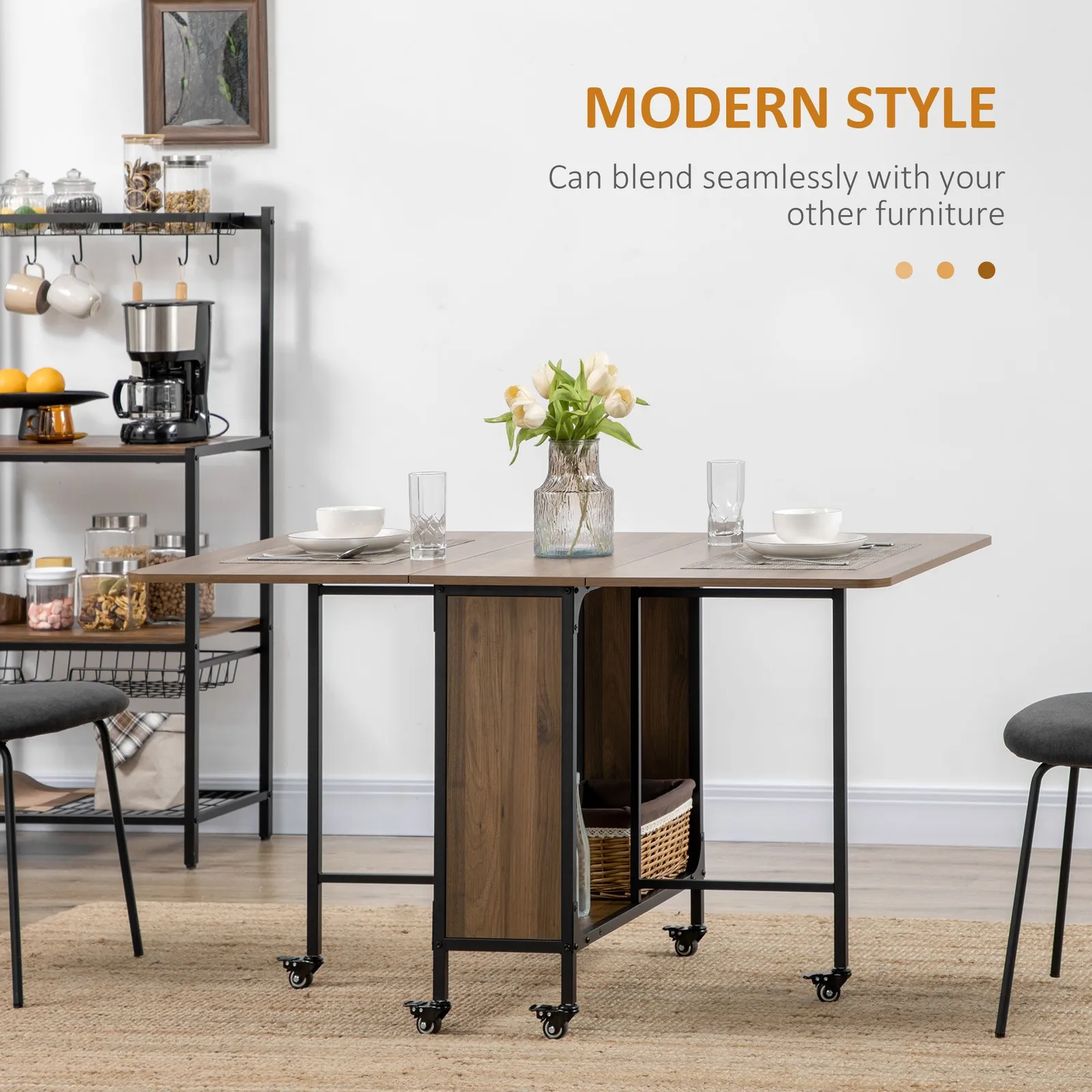 HOMCOM Mobile Drop Leaf Dining Table on Wheels with Shelf Brown in Light Brown 4