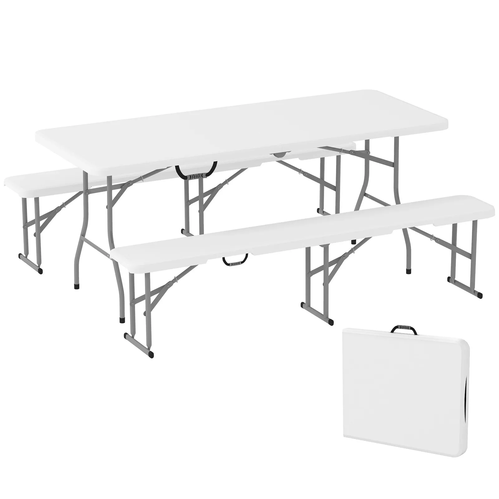 OUTSUNNY 3 Piece Folding Picnic Table & Bench Set with Handles, White 2