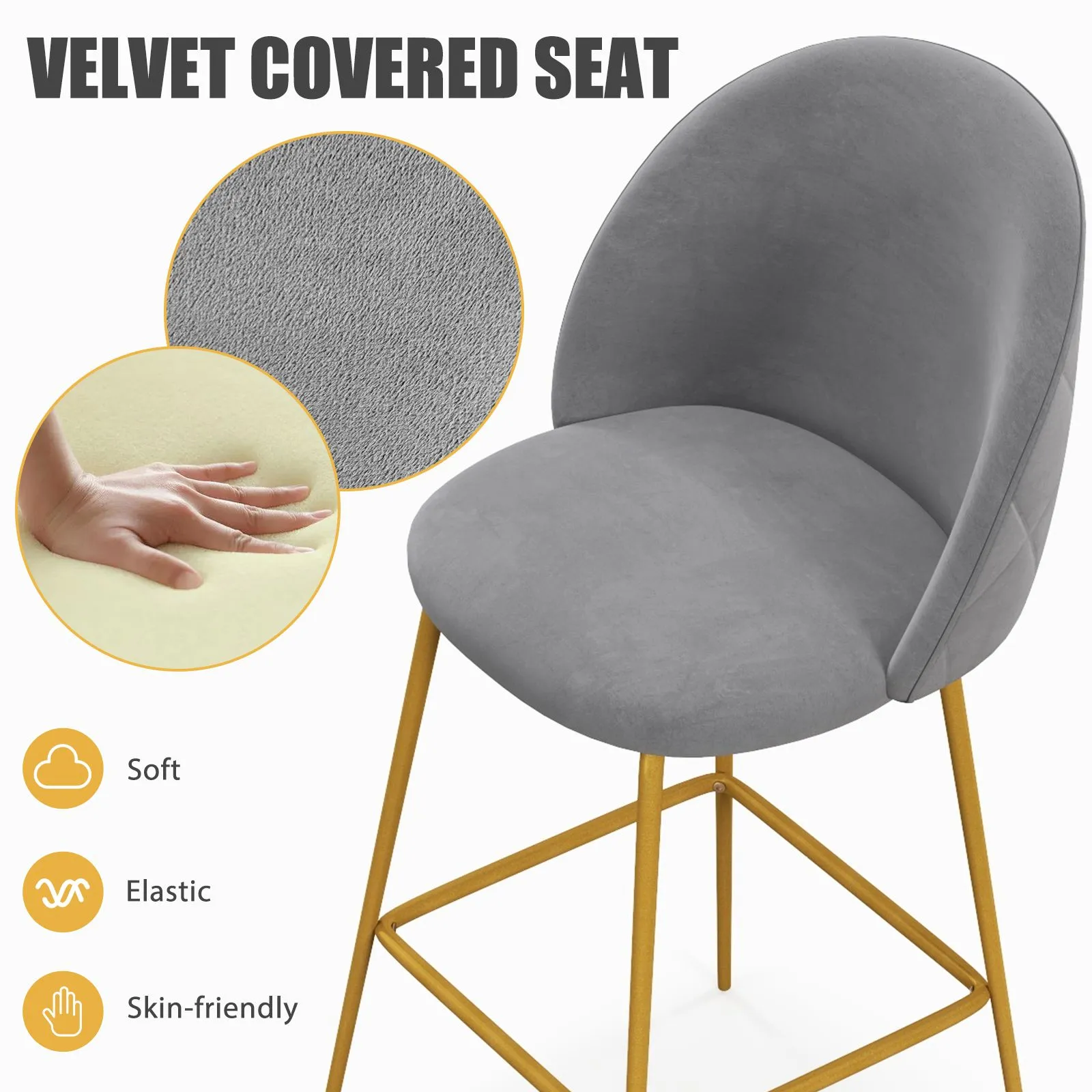 Costway Set of 2 Bar Stools Soft Velvet Upholstered Bar Chairs Pub Stool Chair High Back in Grey 5