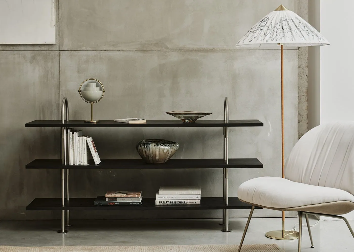 Gubi Keen Shelving 3 Shelves Black Brass Smoked Tempered Glass 160cm 3