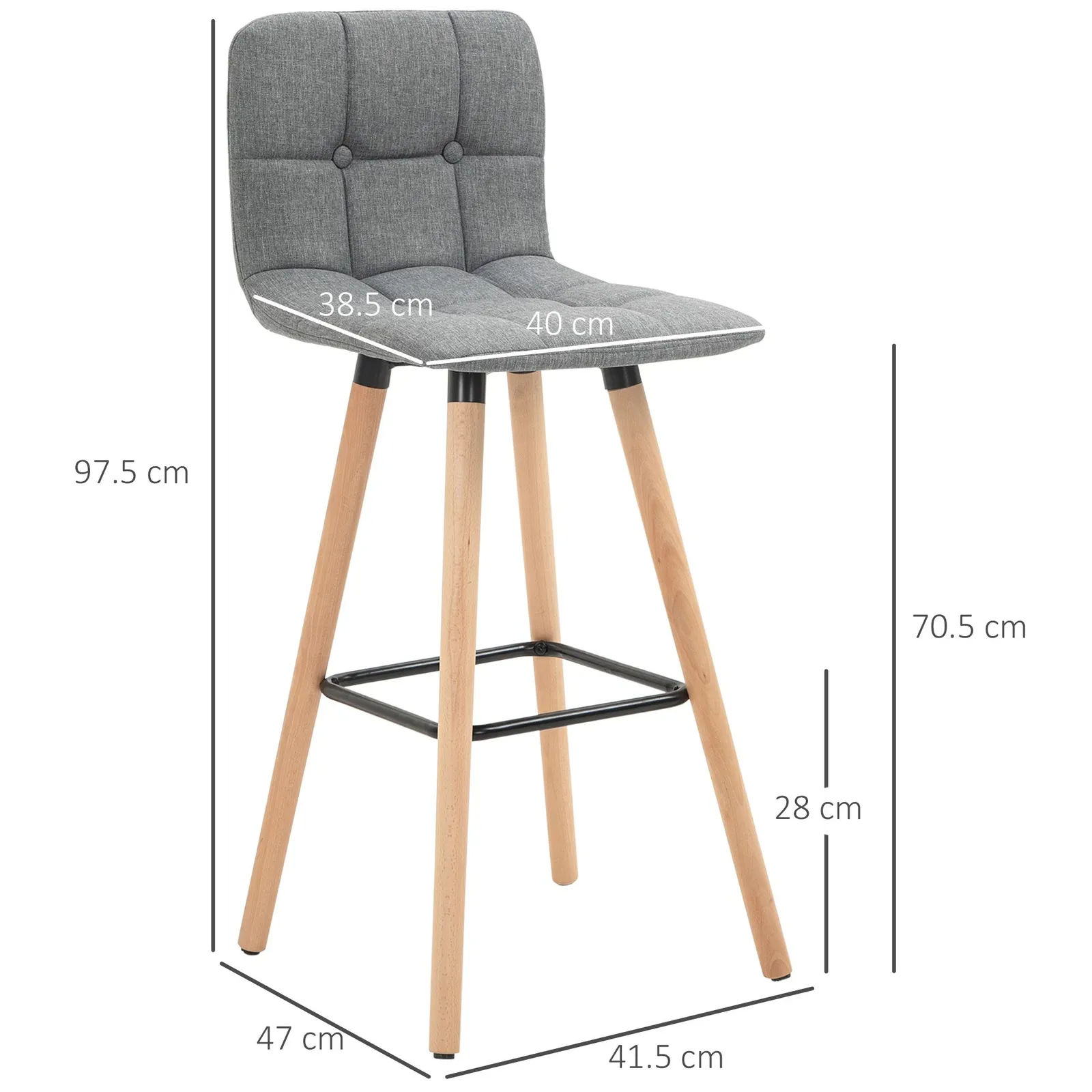 HOMCOM Bar stool Set of 2 Armless Button Tufted Counter Chairs Wood Legs in Grey 3