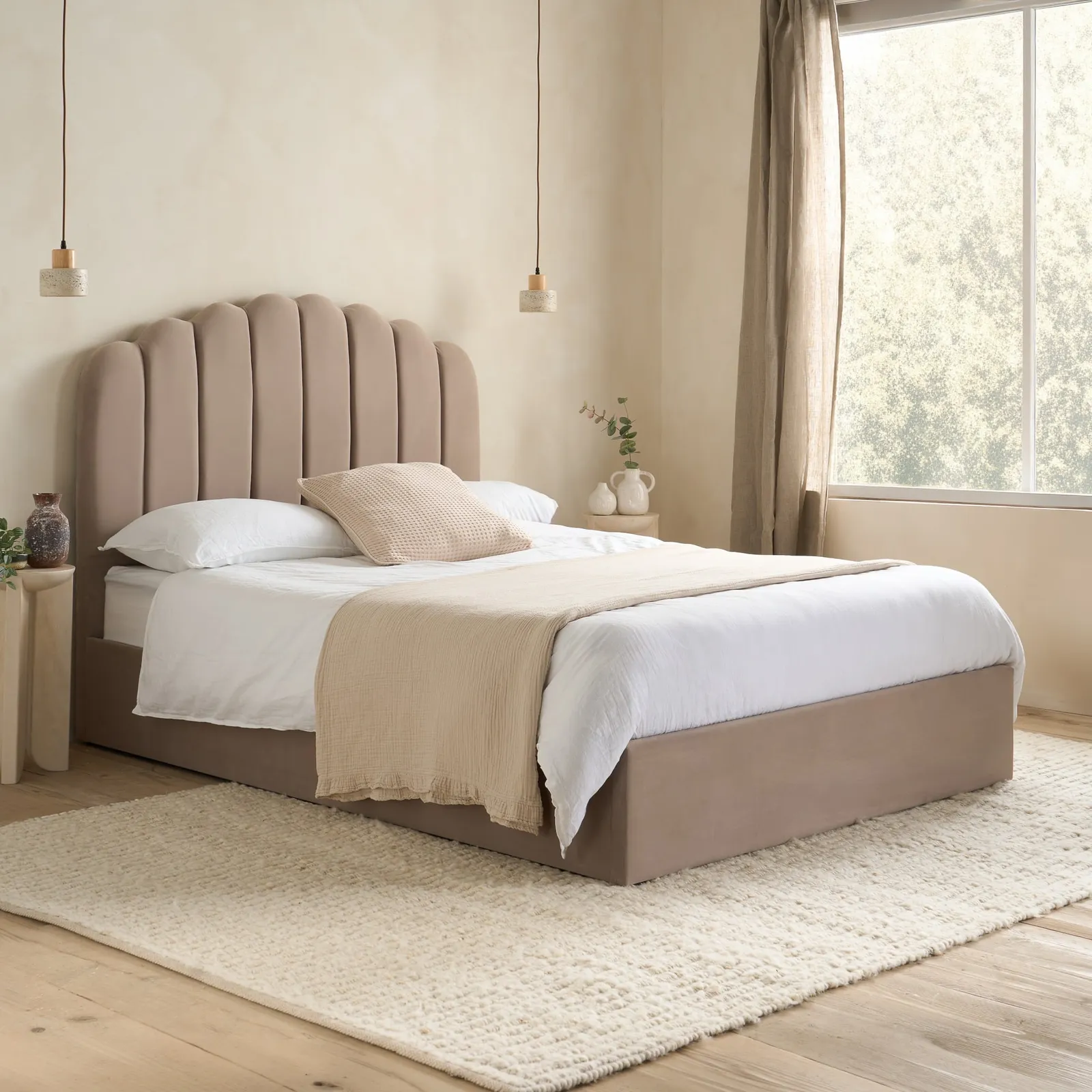 Monaco - Double - Fabric Ottoman Storage Bed - Warm Stone - Fabric - 4ft6 - Happy Beds 1