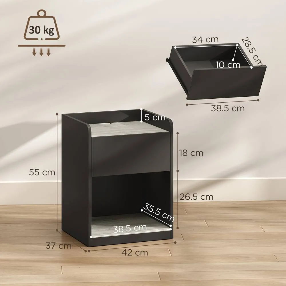HOMCOM Bedside Table with Drawer & Open Shelf, Black & Grey Wood Effect 3