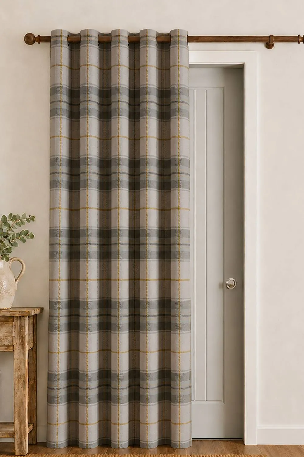 Catherine Lansfield 'Brushed Woven Glencoe Check' Thermal Eyelet Door Panel in Green