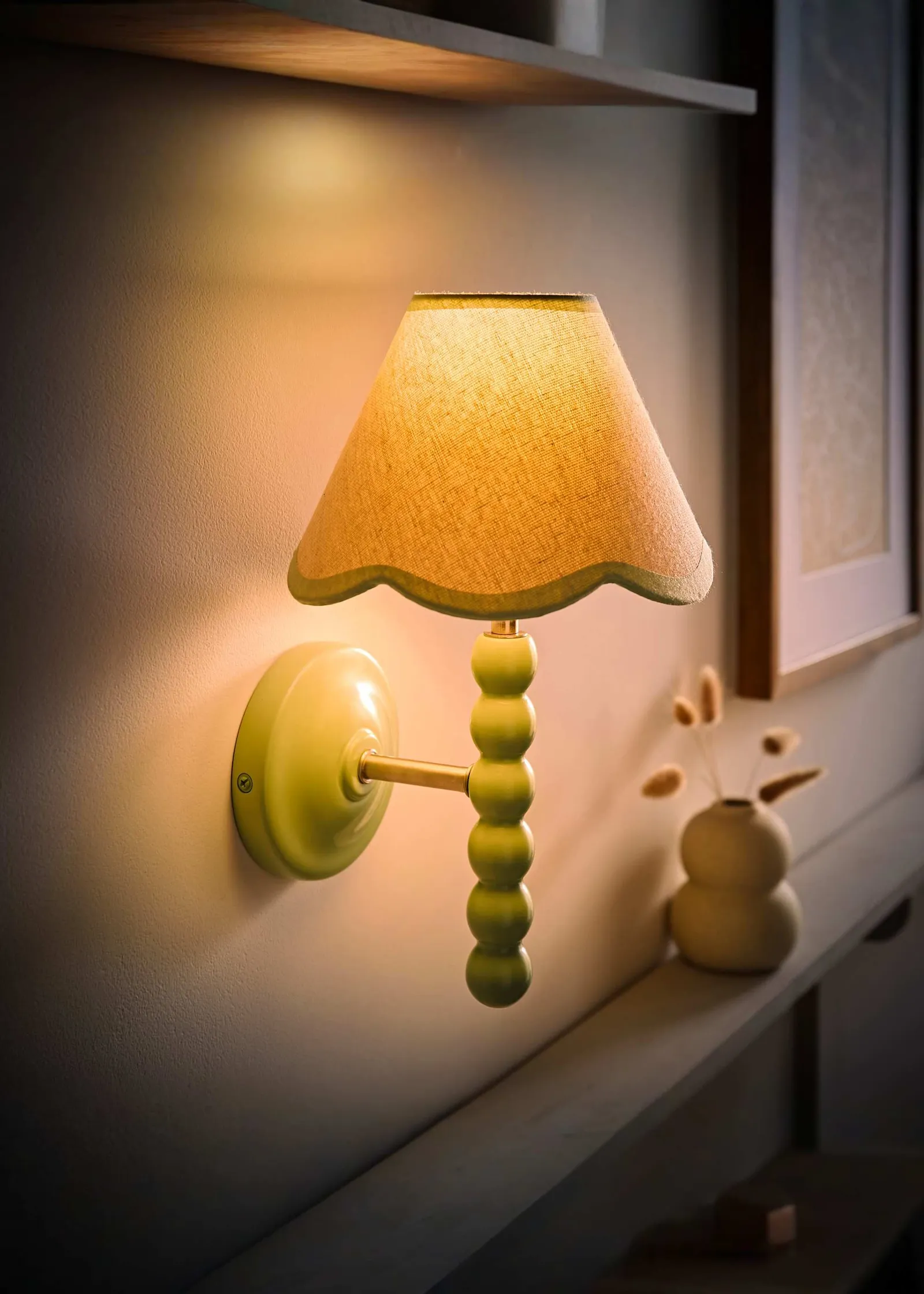 ValueLights Bobbins Sage Green Bobble Wall Light & Linen Pastel Trim Lamp Shade in Pale Green 2