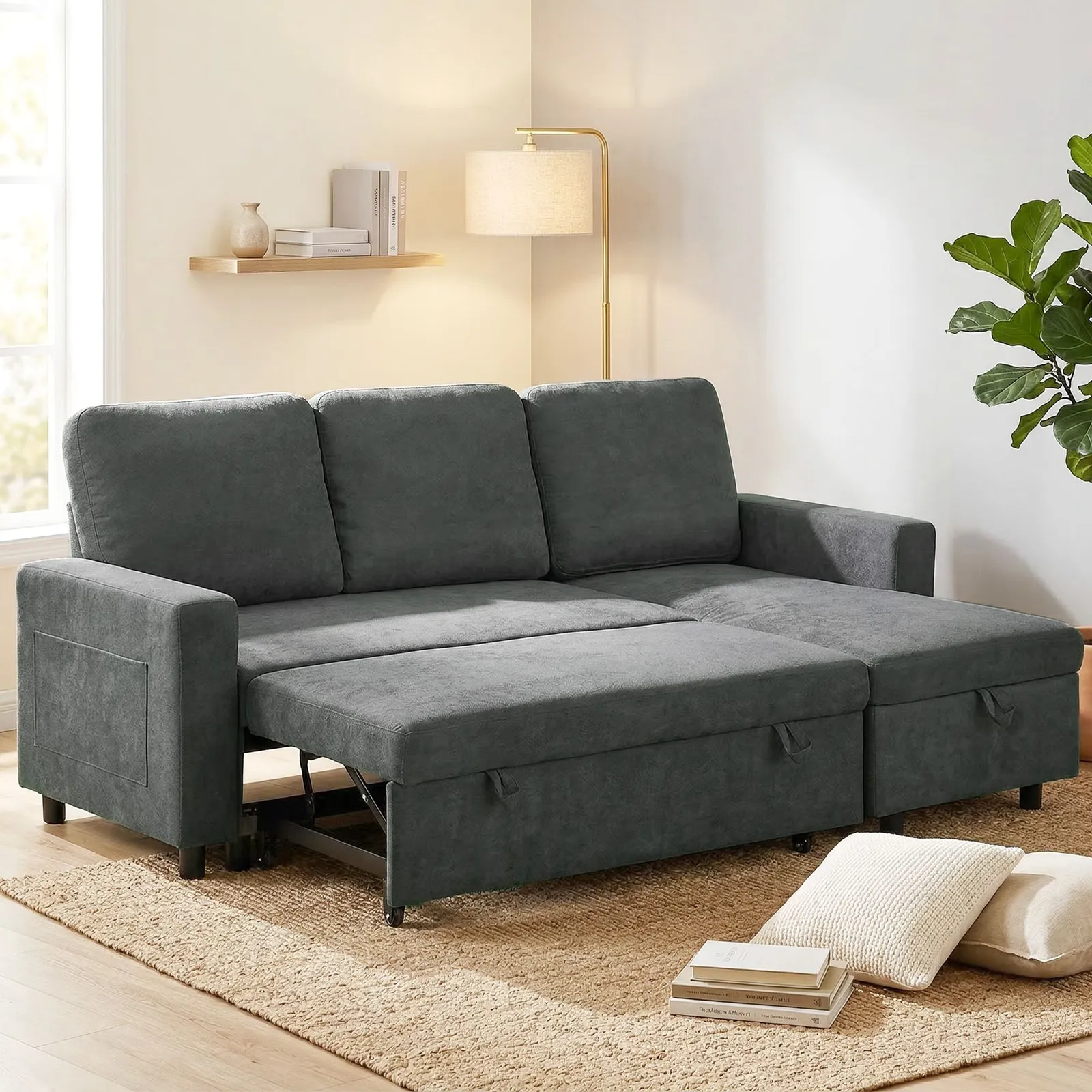 HOMCOM Pull Out Sofa Bed L Shape Corner Sofa w/ Reversible Chaise in Dark Grey