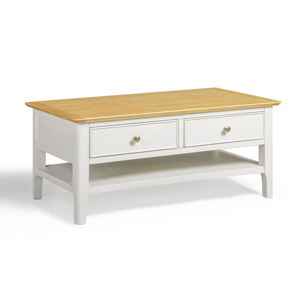 FurnitureboxUK Belle 2 Drawer Rectangular Solid Oak Wood & Cream Coffee Table 2