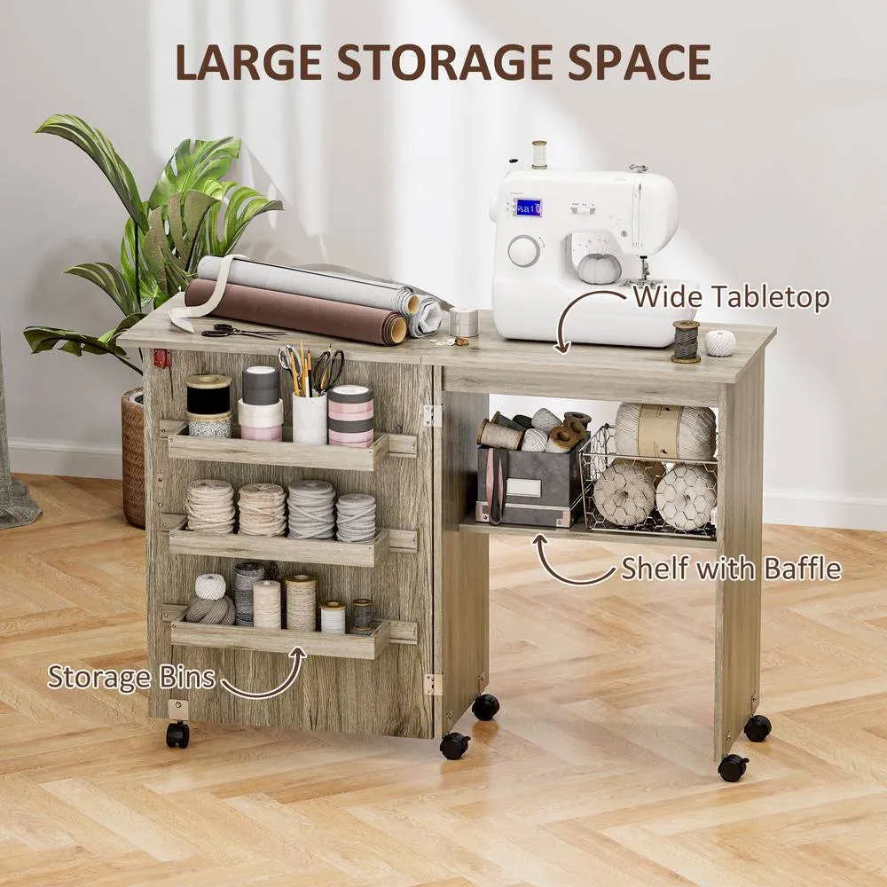 HOMCOM Folding Sewing Table Rolling Craft Table with Drop Leaf Wheels Grey 5