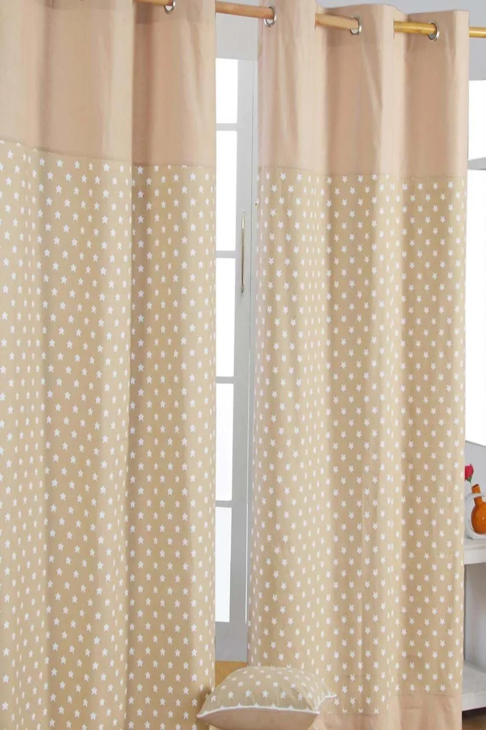 Homescapes Cotton Stars Beige Ready Made Eyelet Curtain Pair in Natural