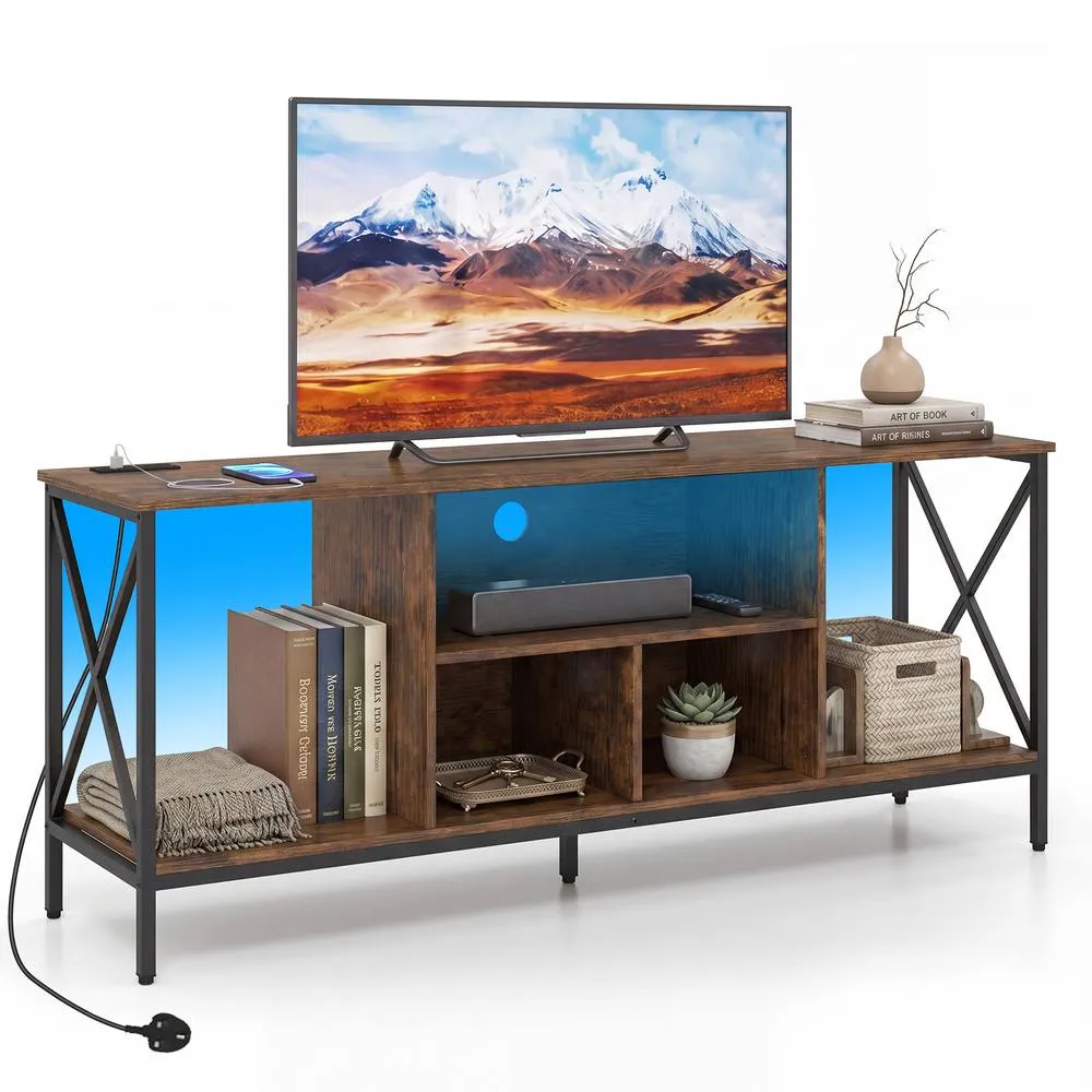 Costway TV Stand LED Lights for 65 Inch TV Power Outlets in Brown 5