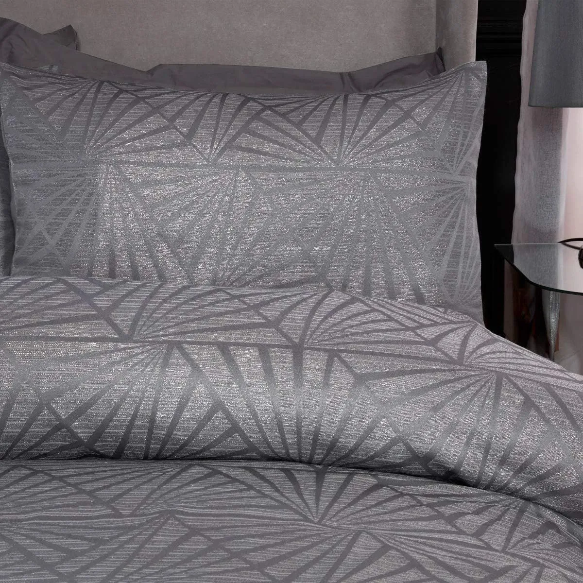 Smart Living Luxury Hotel Quality Lurex Jacquard Geometric Deco Duvet Cover with Pillowcases in Natural 2