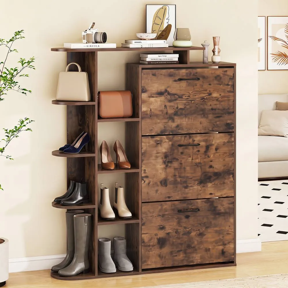 Costway Shoe Storage Cabinet Freestanding Shoe Organizer with 3 Flip Drawers in Brown 5