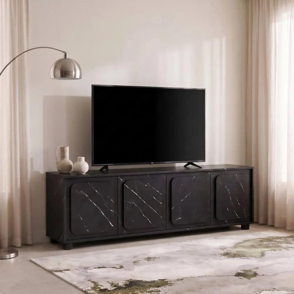 FurnitureboxUK Selene Marble Effect 4 Door Storage TV Stand in Black 1