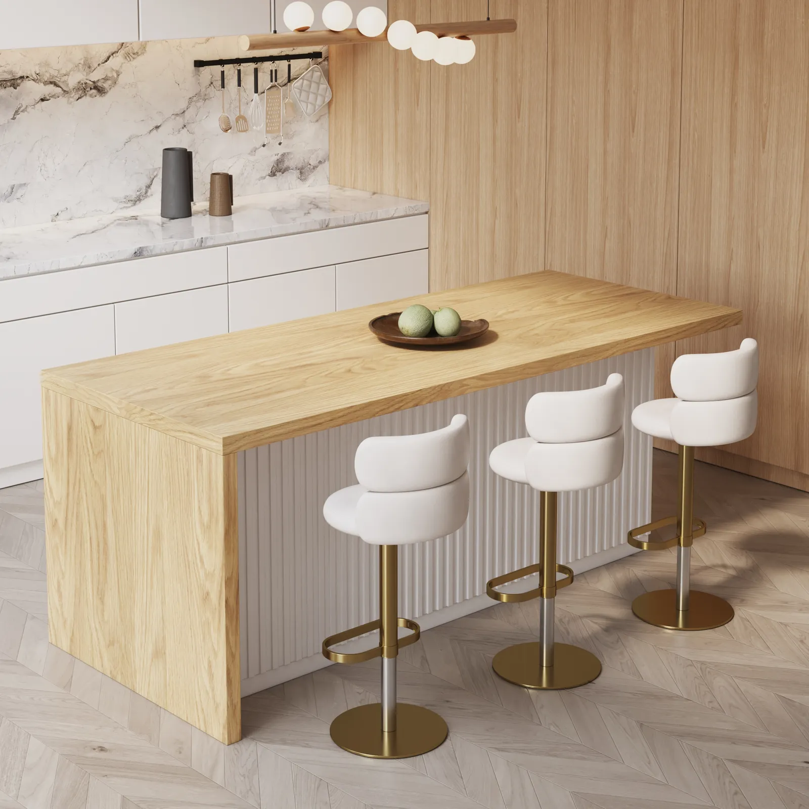 183 cm Kitchen Islands Marble Veneered Top White & Natural Modern with Storage Kitchen Cabinet