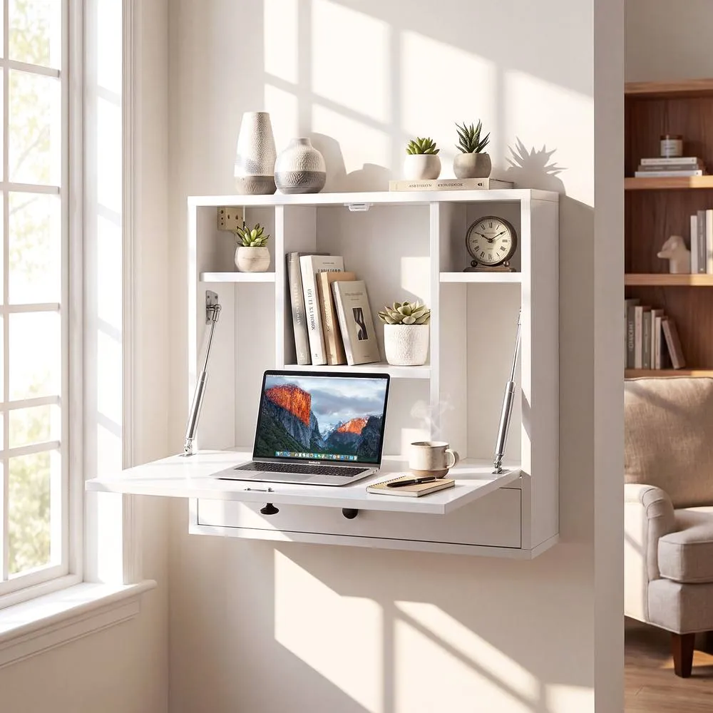 Costway Wall Mounted Fold Down Desk Computer Workstation w/ Drawer in White 5