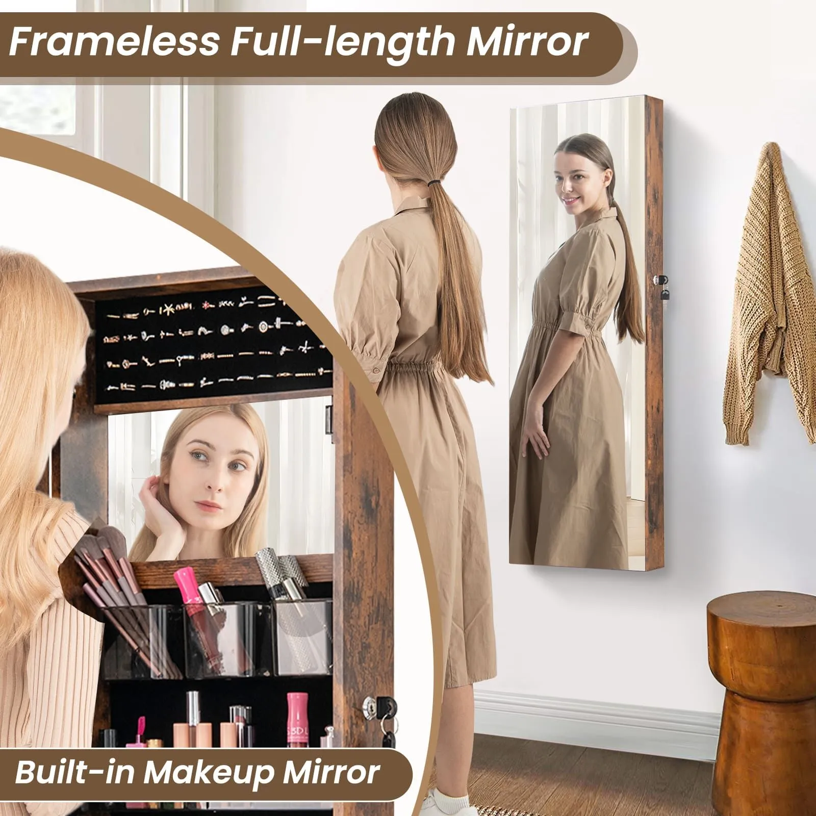 Costway Wall Mounted Jewellery Cabinet Door Hanging Jewelry Armoire w/ Full Length Mirror Lockable Cosmetics Jewellery Organiser Unit in Brown 5