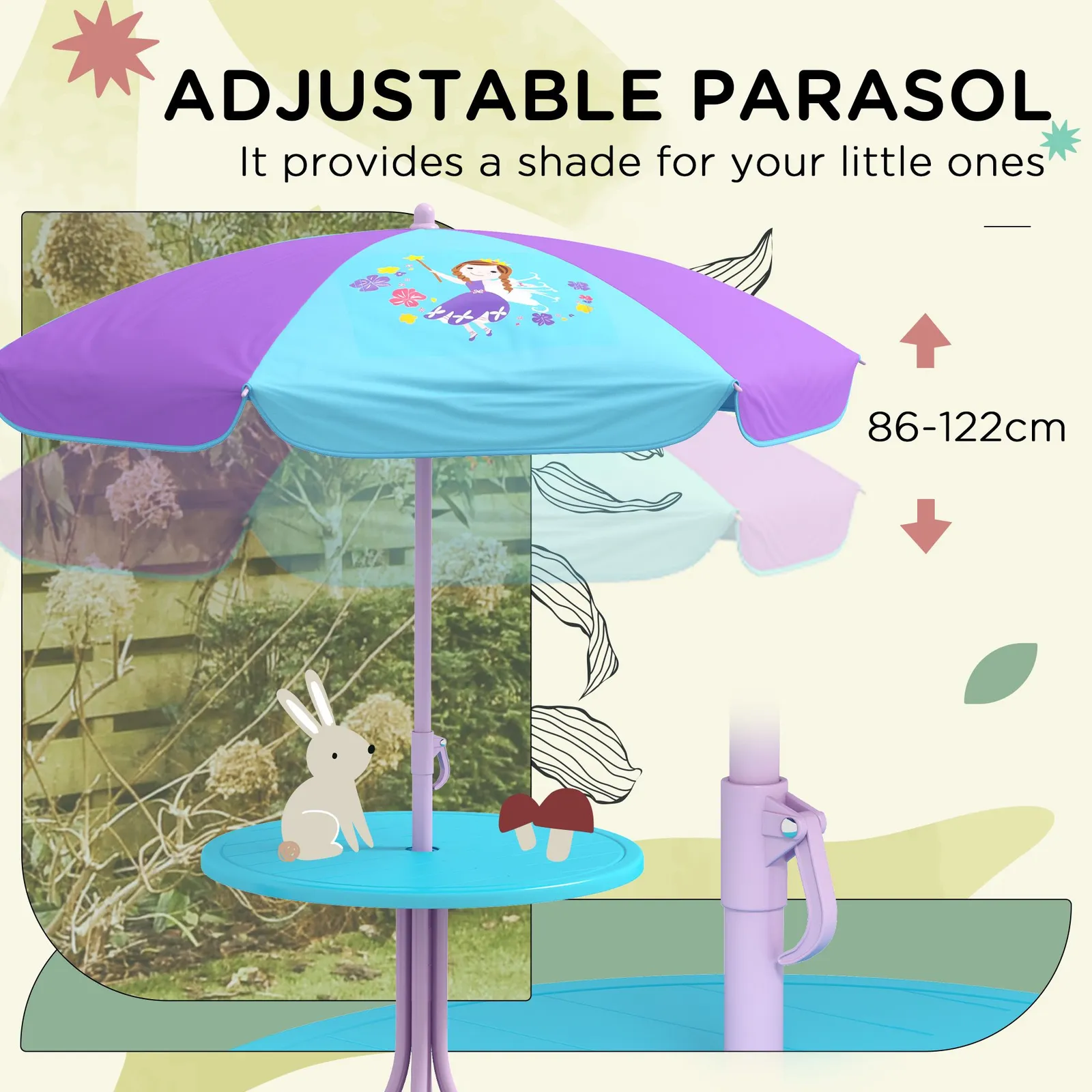 OUTSUNNY Children Table & Chair Set Outdoor Garden Furniture Set w/ Fairy Theme in Blue 6