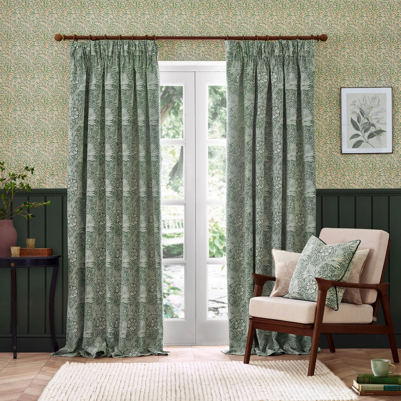 Morris & Co Marigold Jacquard Floral Room Darkening Pencil Pleat Curtains in Green 2