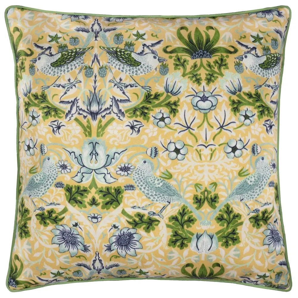 Morris & Co Strawberry Thief Piped Outdoor Cushion in Yellow 2