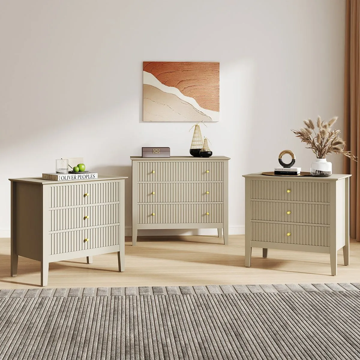 Melody Maison Wide 3 Drawer Chest Of Drawers & Pair Of Large Bedside Tables - Hales Taupe Range in Beige