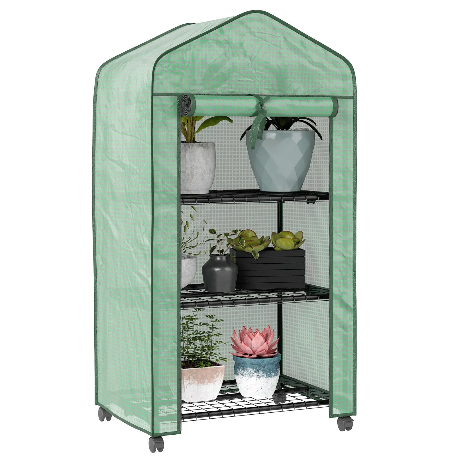 OUTSUNNY Portable Mini Greenhouse with Roll-up Door & Wheels, Green 2