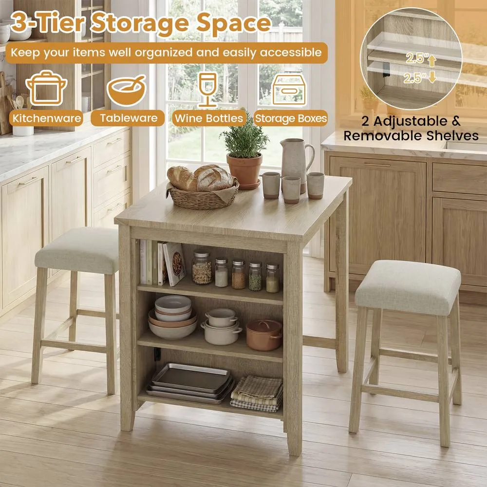 Costway 3PCS Bar Table Set Kitchen Dining Table w/ 2 Stools & Power Outlet 4