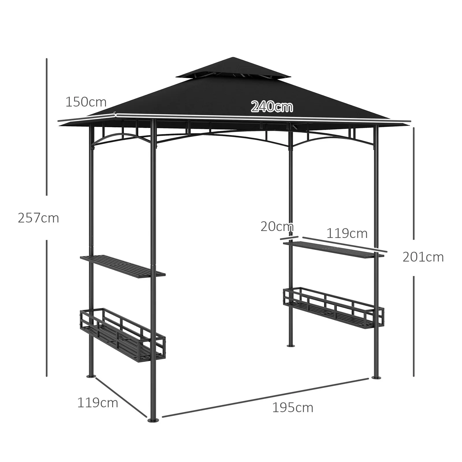 OUTSUNNY 240 x 150cm Grill Gazebo Canopy with Side Shelves, Hook, Dark Grey 3