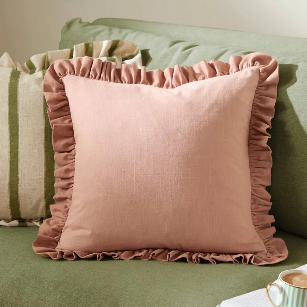 Wylder Effie 100% Cotton Plain Ruffle Cushion in Rose 1