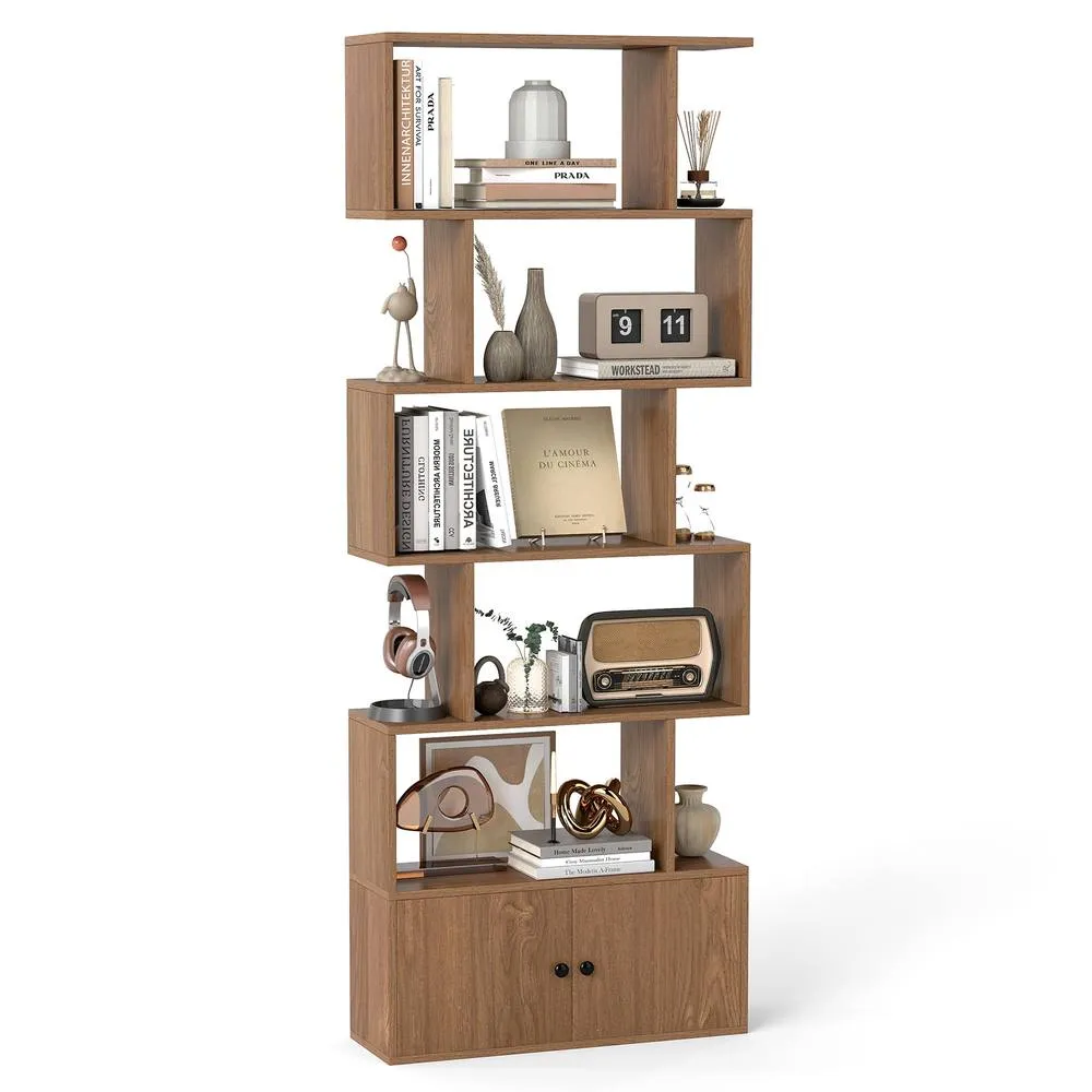 Costway 6-Tier Bookshelf w/ Cabinet S-Shaped Bookcase Shelf Storage Organizer in Natural
