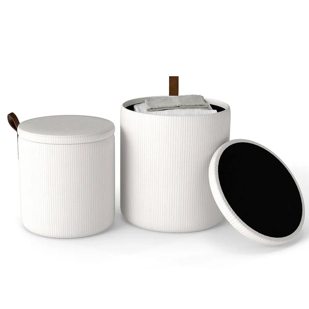 Costway 2PCS Modern Round Ottoman Upholstered Vanity Stools w/ Removable Lids in Beige 3