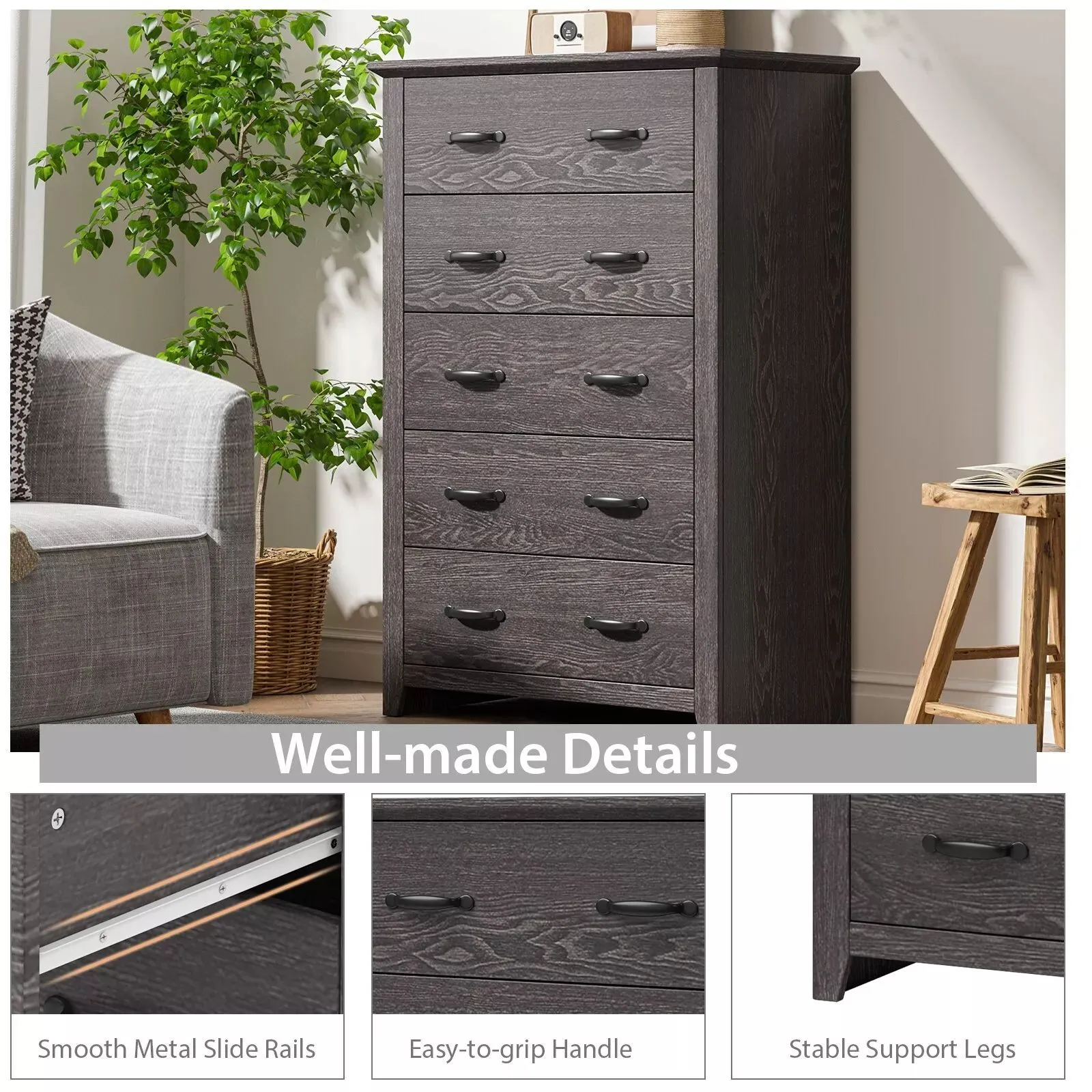 Costway 5 Drawer Dresser Vertical Chest of Drawers Wooden Storage Dresser Organizer in Grey 4