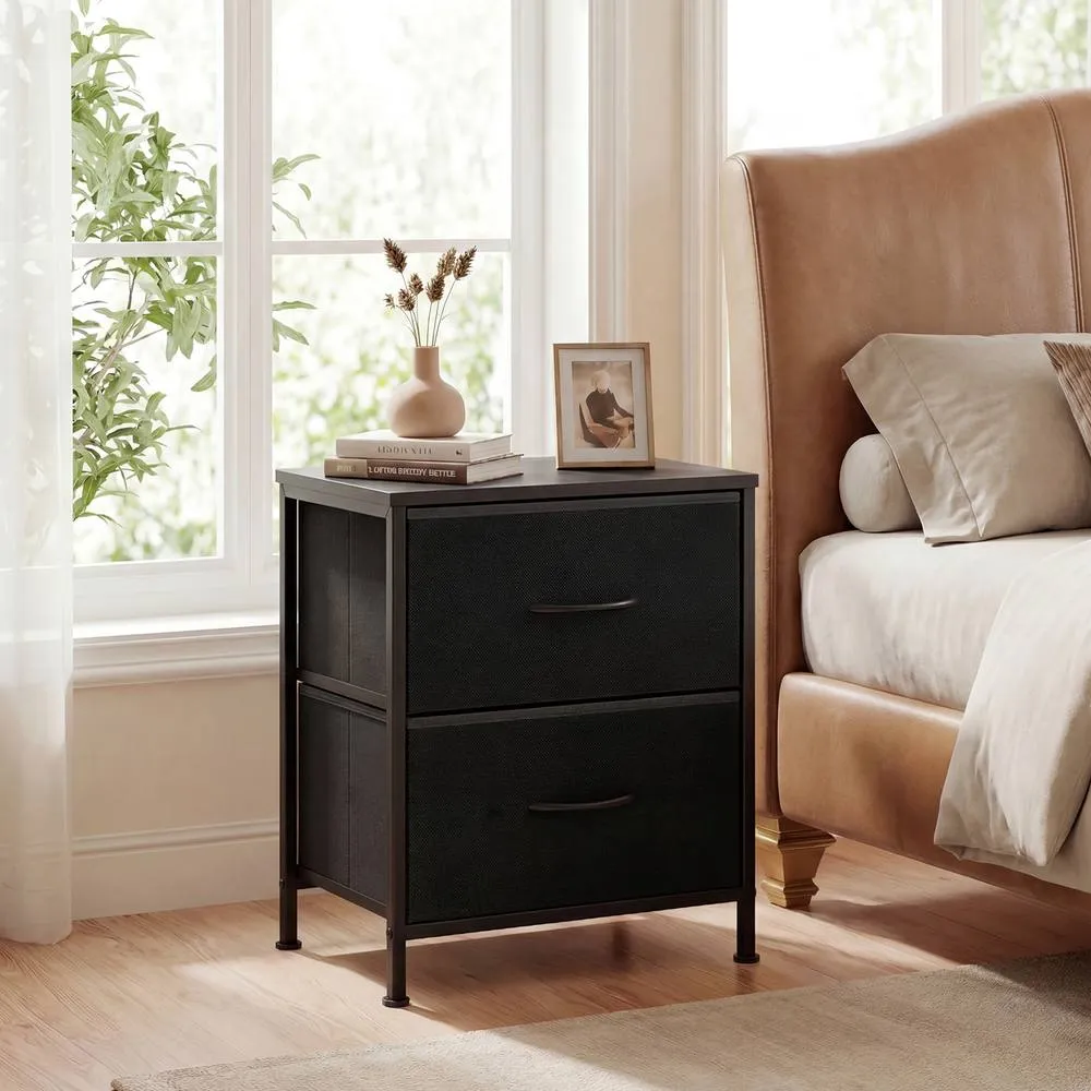 Costway 2PCS Nightstand End Table w/ 2 Fabric Drawers Bedside Table Side Table in Black 6