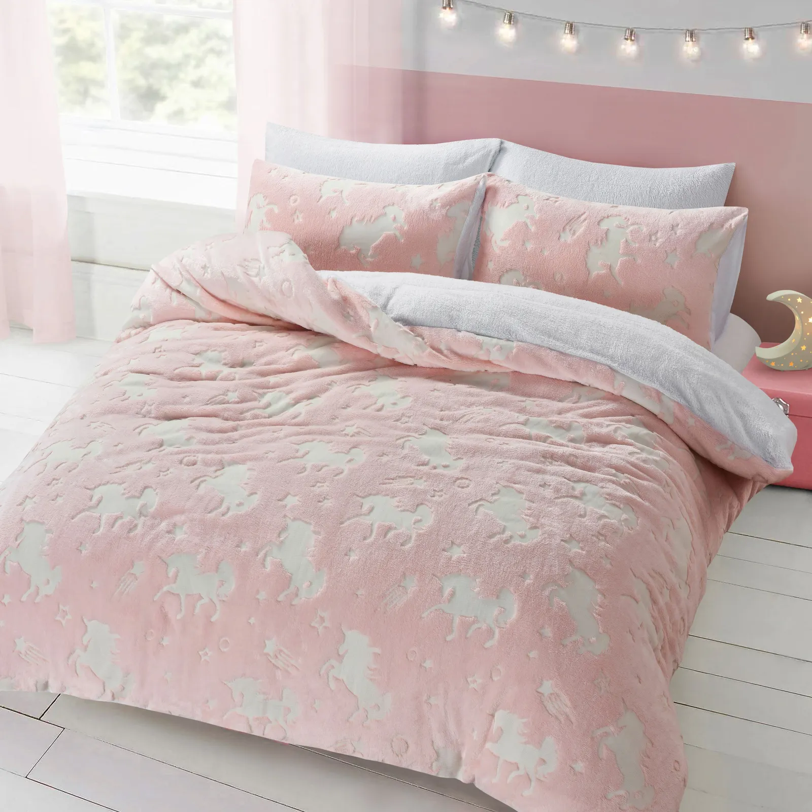 Velosso Glow In The Dark Teddy Unicorn Warm & Cosy Duvet Cover & Pillowcase Set in Pink