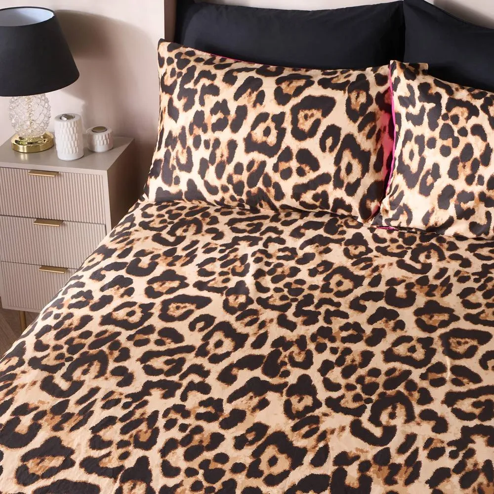 OHS Leopard Print Microfibre Easy Care 25cm Deep Fitted Bed Sheet in Natural | Size: Double Fitted